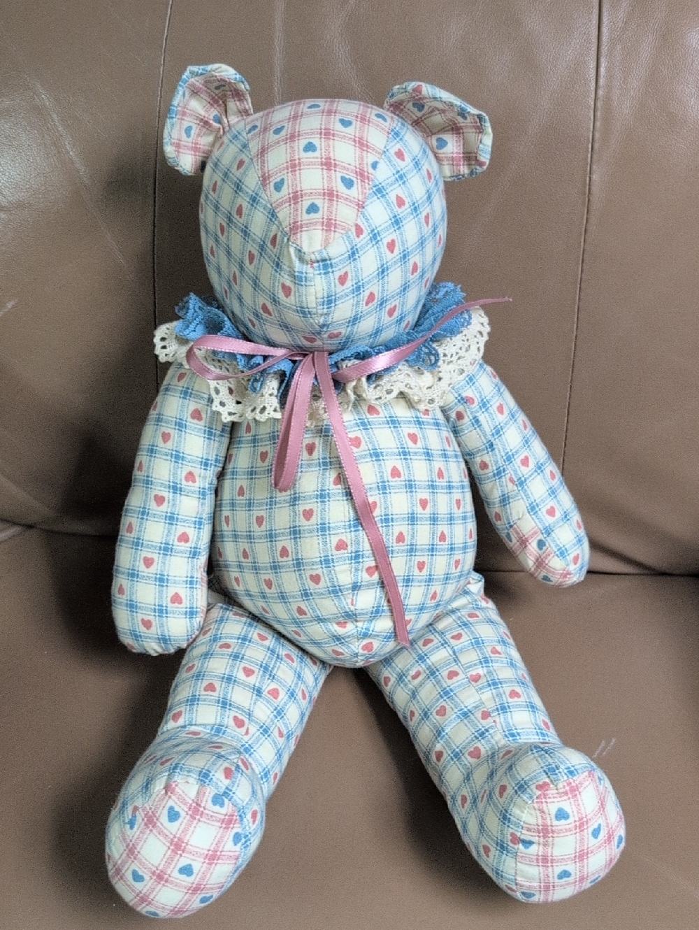 Handmade Blue & Pink Plaid Heart Plush Bear for Kids.Vintage 90's